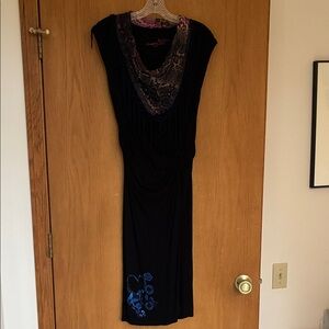 Elegant Black Dress with Blue Embroidery